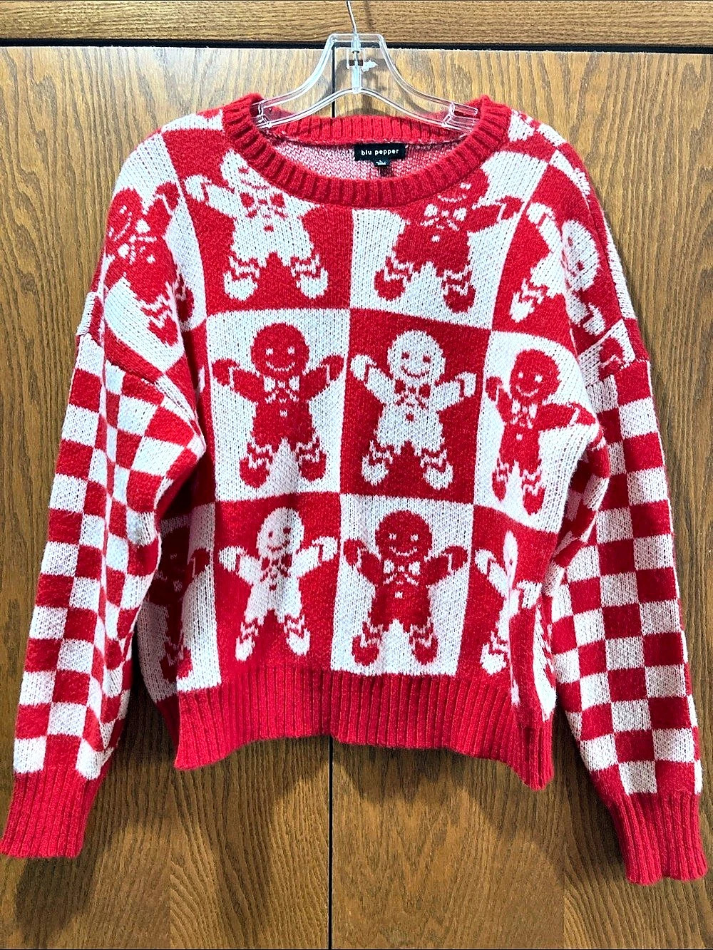 Blu Pepper Gingerbread Check Long Sleeve Sweater Red & White NWT
